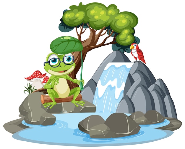 Frog and Parrot by the Waterfall