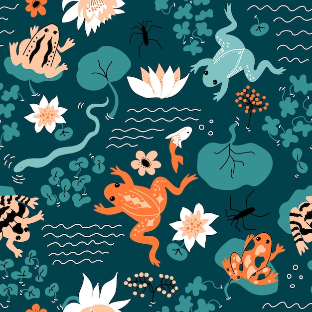 Frog Pattern. Vector background with snake, water striders, leaves, flowers, lotus, Water Lillies, waves.