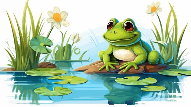 Vector frog pond waterlilies illustration