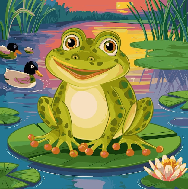 Vector a frog sits on a pond with ducks and ducks in the background