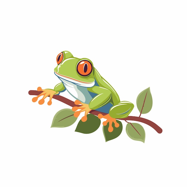 Frog sitting on a branch with flowers Vector illustration isolated on white background