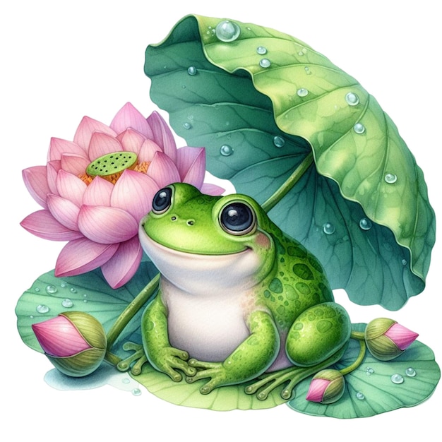 Frog sitting under a lotus leaf clipart watercolor