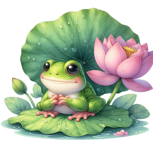 Frog sitting under a lotus leaf clipart watercolor