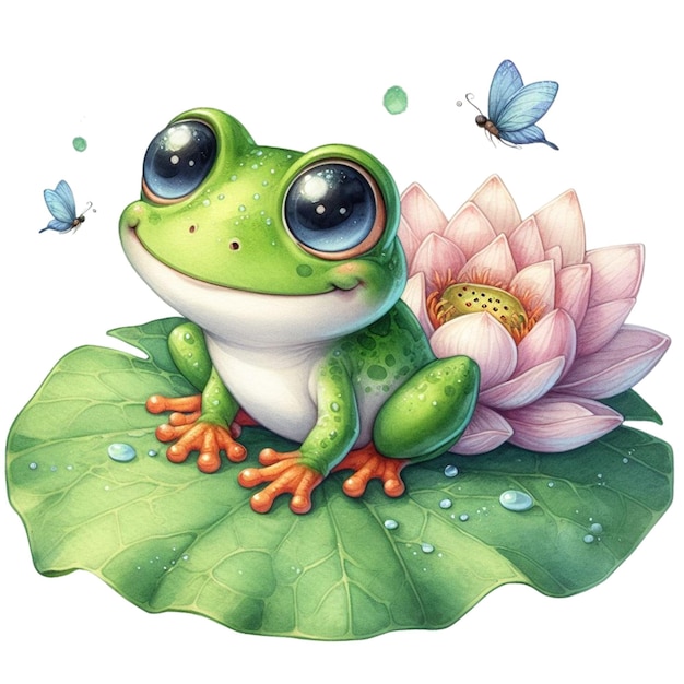 Frog sitting under a lotus leaf clipart watercolor