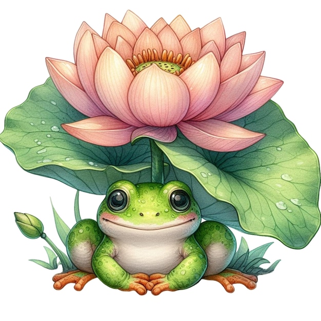 Frog sitting under a lotus leaf clipart watercolor