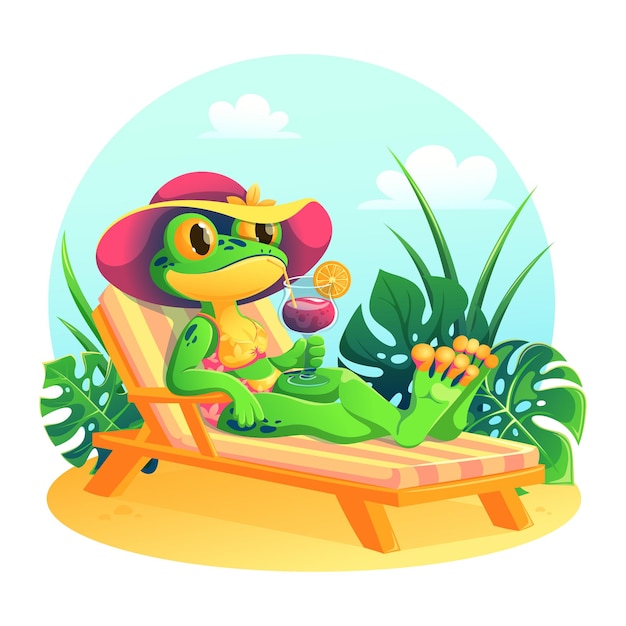 Vector frog in a sun lounger on a tropical beach with a cocktail in hand