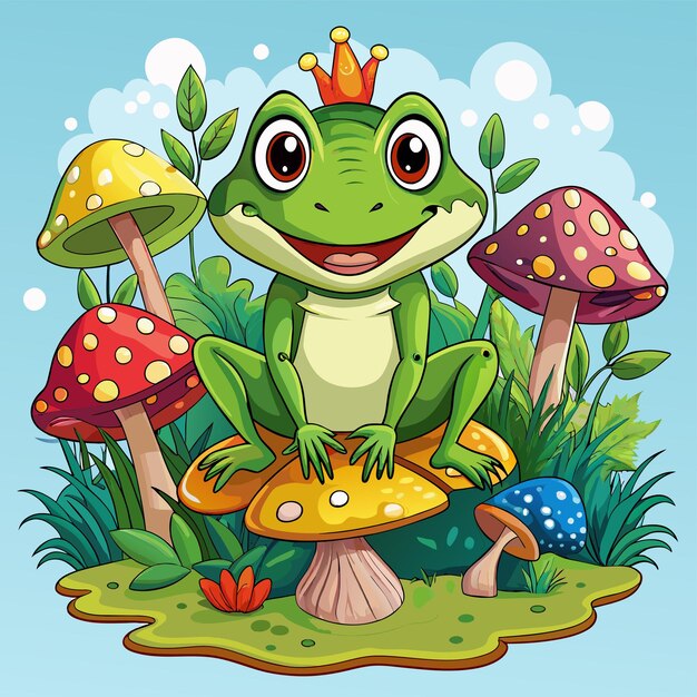 a frog with a crown on his head sits on a mushroom