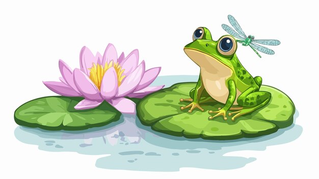 Vector a frog with a dragonfly on his head sits on a frog pond