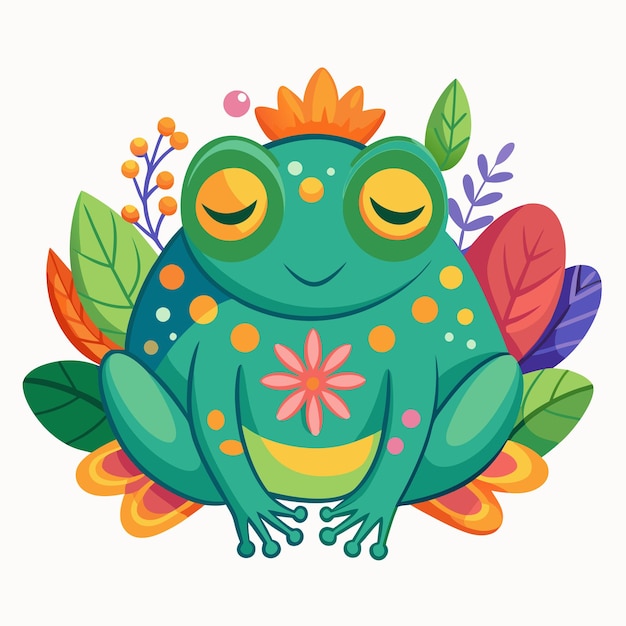 Vector a frog with eyes closed sits in a flower bed