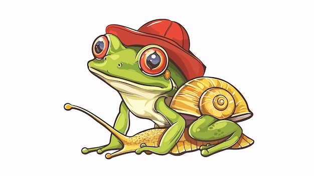 a frog with a red hat and a snail on his back