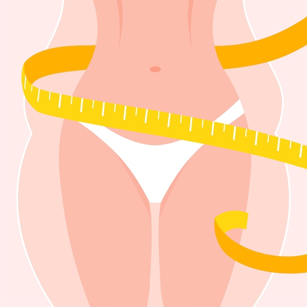 From overweight to slim. Beauty woman body with tape measure entwined around. Losing weight concept.