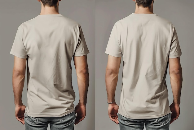 Vector front and back template of young man standing with hands in pockets wearing blank tshirt