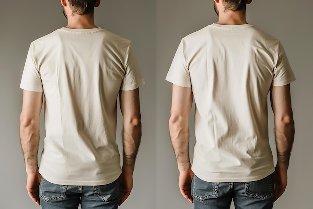 Vector front and back template of young man standing with hands in pockets wearing blank tshirt