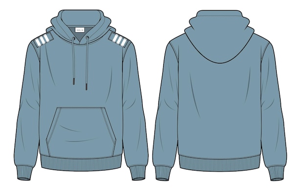 Front and back view of a blue hoodie with the front and back facing the front.