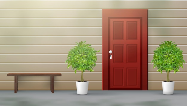 Front Door With Plants And Rest Bench