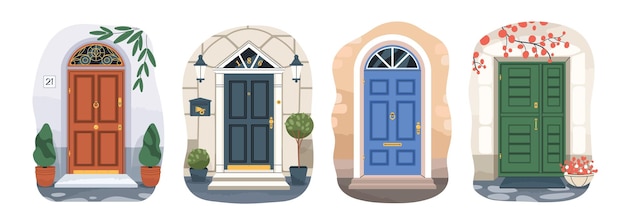 Front doors of residential houses. Home entrances exteriors. Outside of doorways with plants, decoration, mailbox. Different entries from street. Flat vector illustrations isolated on white background