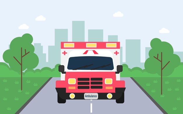 Vector front facing ambulance medicare vehicle on city flat vector illustration