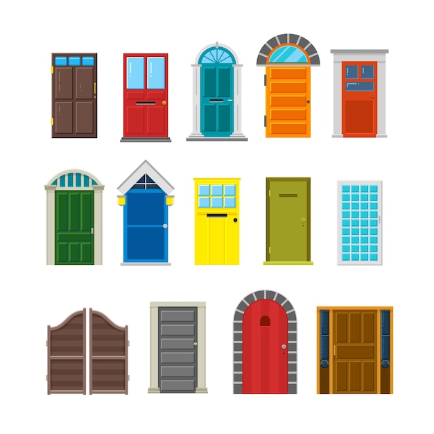 Front house doors flat vector set