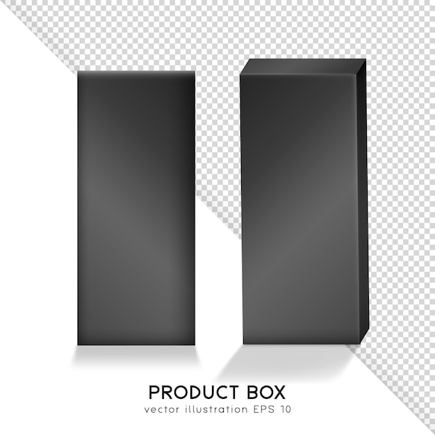 Front and perspective view of rectangular cosmetic or medical boxes. Mockup of black product boxes