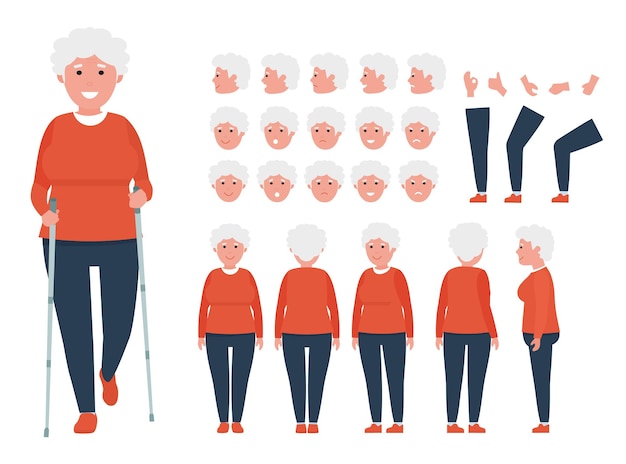 Front, side, back view animated character. Elderly woman character creation set with various views, hairstyles, face emotions, poses and gestures. Cartoon flat vector illustration.