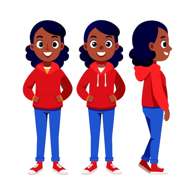 Front Side And Back View Of Cartoon Character In Red Hoodie