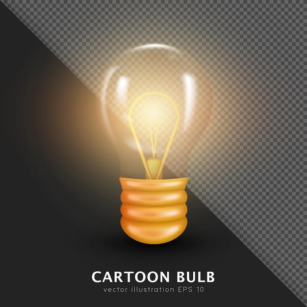 Front view of 3D realistic transparent incandescent bulb. Vector turning on yellow light bulb