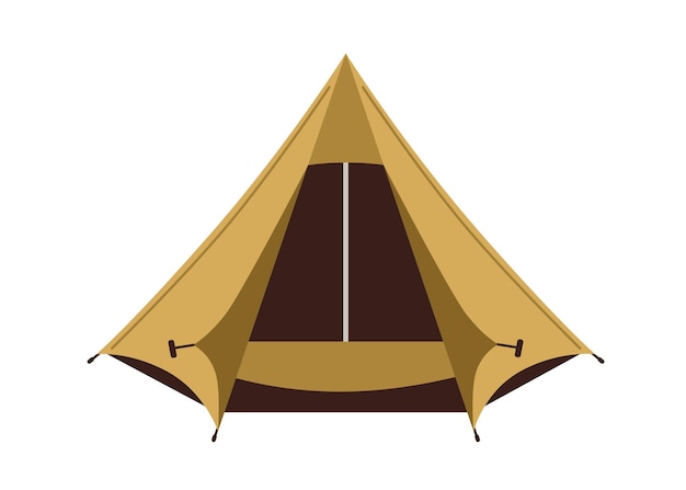 Front view of canvas pyramid tent isolated on white background. Military shelter for nature recreation, camping, and hiking. Touristic equipment. Colored flat vector illustration.