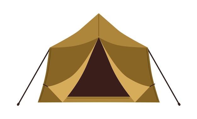 Front view of canvas wall tent isolated on white background. Military shelter for nature recreation, camping and hiking. Touristic equipment. Colored flat vector illustration.