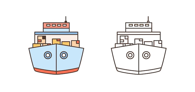 Front view colorful and monochrome cargo ships icon set vector illustration in line art style. Freight vessels carrying goods or containers isolated on white. International maritime shipment delivery.