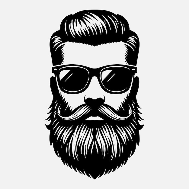 Front view of Man face in Beard Sunglasses Fashionable hair vector illustration silhouette