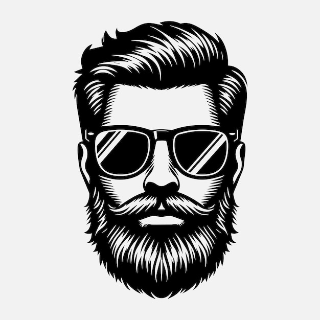 Front view of Man face in Beard Sunglasses Fashionable hair vector illustration silhouette