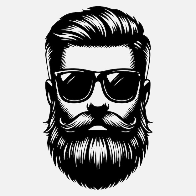 Front view of Man face in Beard Sunglasses Fashionable hair vector illustration silhouette