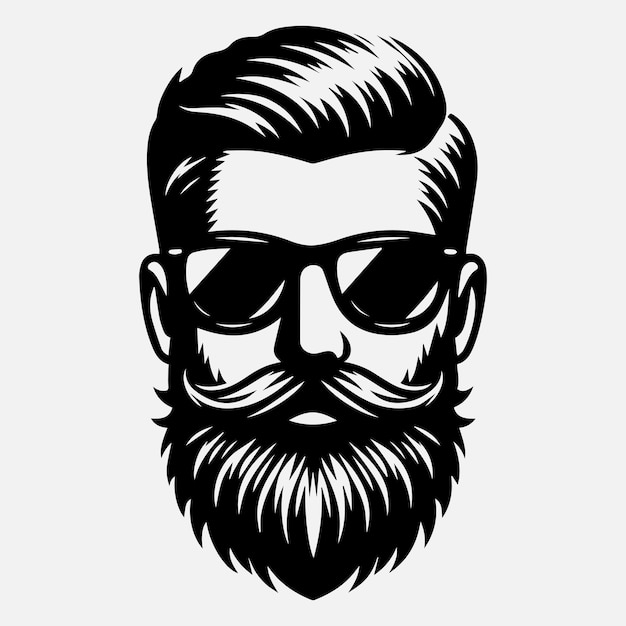 Front view of Man face in Beard Sunglasses Fashionable hair vector illustration silhouette