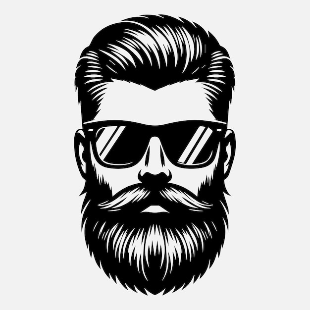 Front view of Man face in Beard Sunglasses Fashionable hair vector illustration silhouette