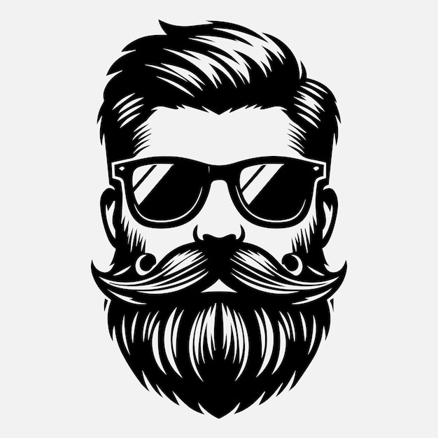 Front view of Man face in Beard Sunglasses Fashionable hair vector illustration silhouette