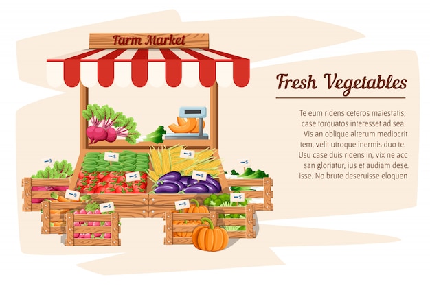 Front view market wood stand with farm food and vegetables in open box  with weights and price tags illustration  on white background place for your text