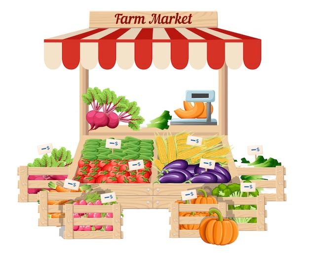 Front view market wood stand with farm food and vegetables in open box  with weights and price tags illustration  on white background