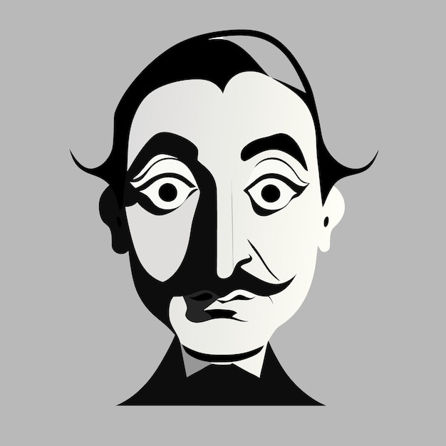 front view portrait of salvador dali cartoonish style minimalist black and white vector illustration