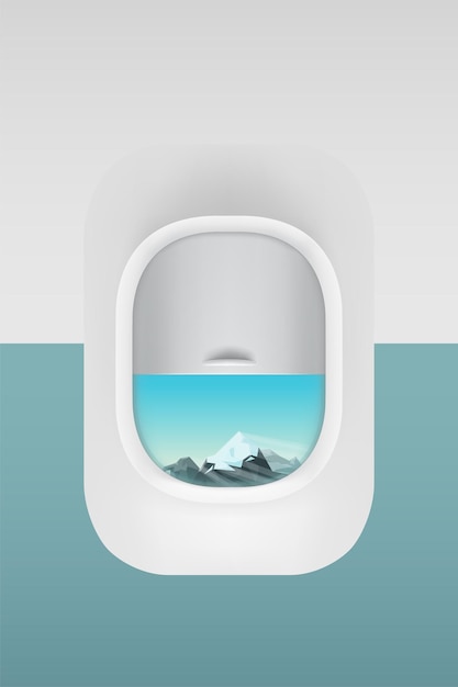 Front view white airplane window with mountains