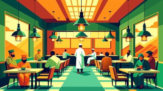 Vector frontal view of interior of afghani restaurant with people sitting and walking in it should be