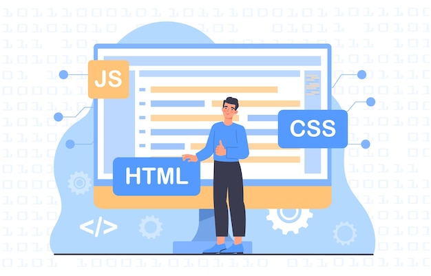 Frontend developer concept Man near computer monitor with code Programmer and IT specialist at workplace HTML and CSS Young guy develops application or program Cartoon flat vector illustration