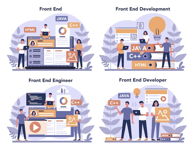 Frontend development concept set. Website interface design improvement. Programming and coding. IT profession. Isolated flat vector illustration