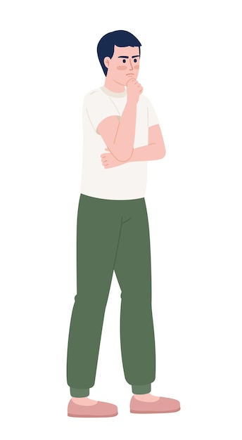 Frowning man standing in thinking pose semi flat color vector character