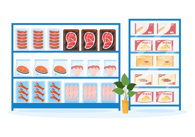 Frozen Food Store with Products Vacuumed using Foil and Pouch Packaging to be Fresh in Illustration