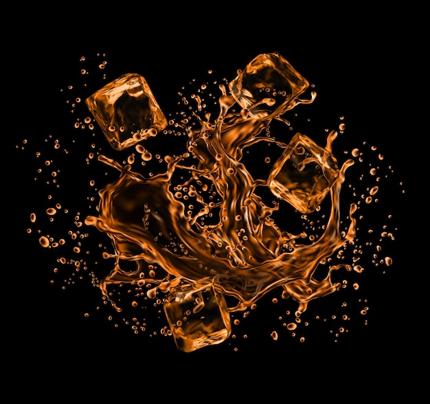 Frozen ice cubes in whiskey splash. Realistic 3d vector cola, cognac, cold tea or soda drink splashing with frozen water splatters in motion. Isolated alcohol or refreshment beverage brown liquid wave