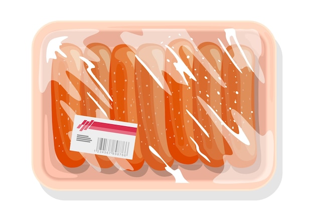 Frozen sausages, wieners are on plastic tray covered with kitchen film, clingfilm with label.