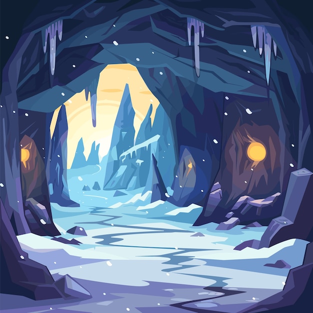 Vector frozen twilight cavern icy landscape jagged rock formations chilling eerie ambiance isolated