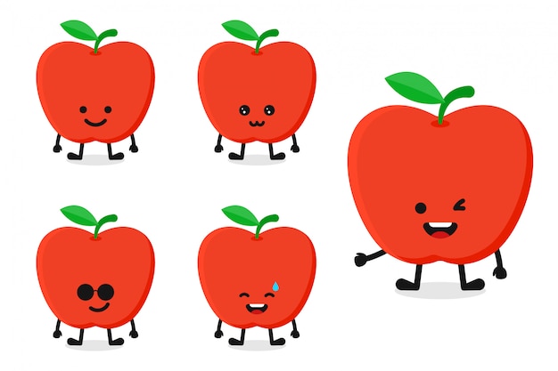 Fruit apple character vector illustration set for happy expression