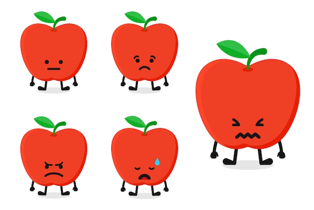 Fruit apple character vector illustration set for sad expression