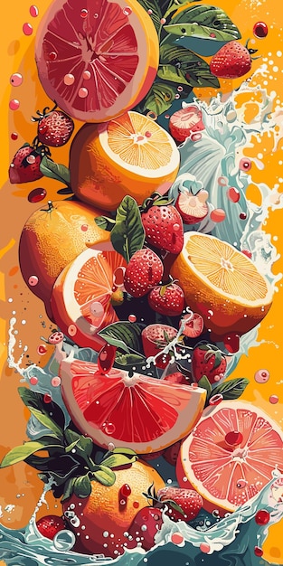 Fruit background with grapefruit orange lemon and strawberry